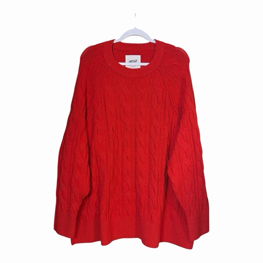 Aerie XXL Red Cable Knit Oversized Crewneck Sweater Cozy Holiday